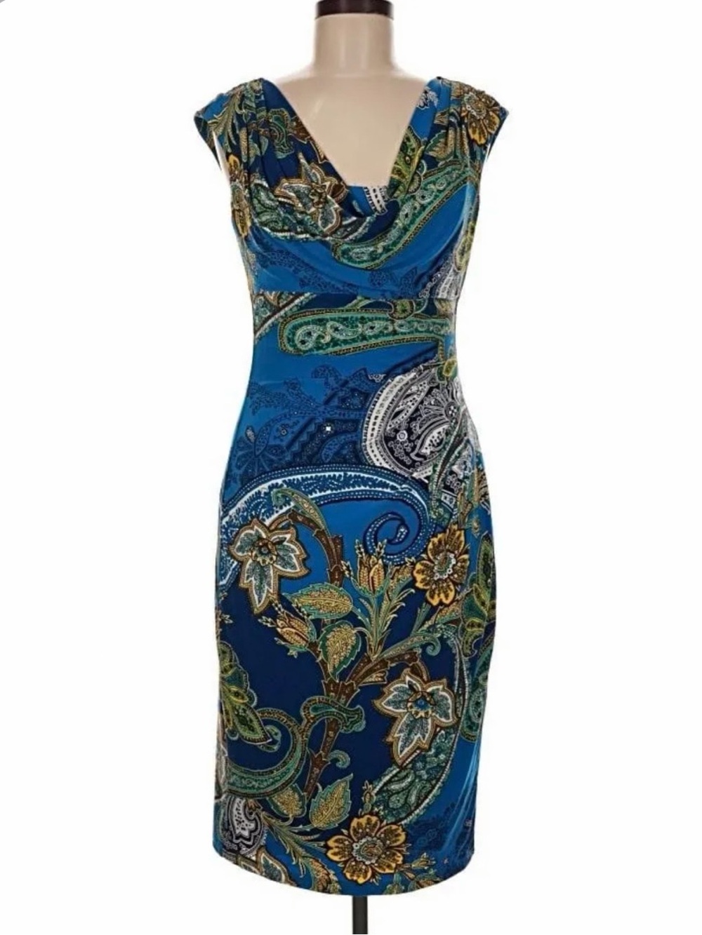 Ralph Lauren Teal Paisley Cowl-Neck Midi Dress with Gold Accents